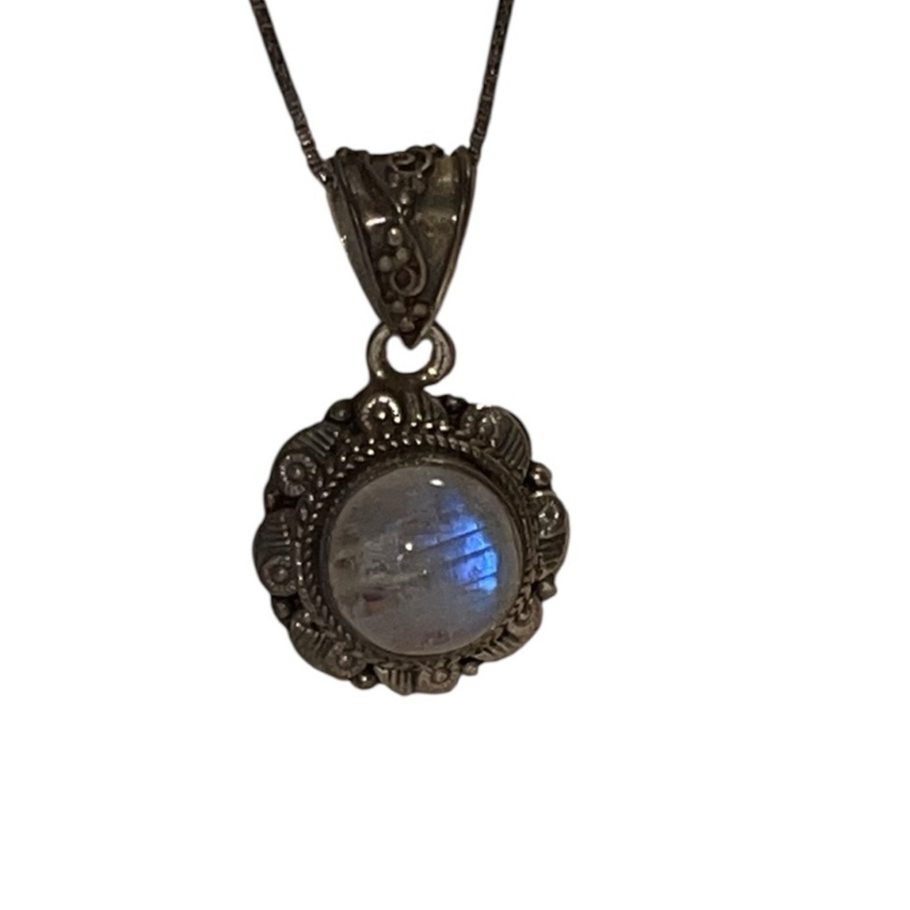 Open Back Moonstone Filigree Halo 925 Sterling Silver Pendant Necklace